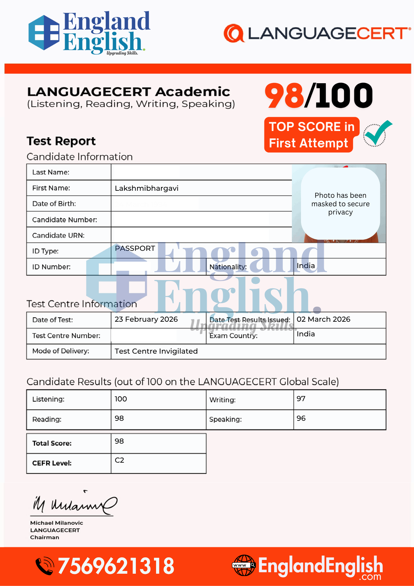 Lakshmi Bhargavi LanguageCert score report