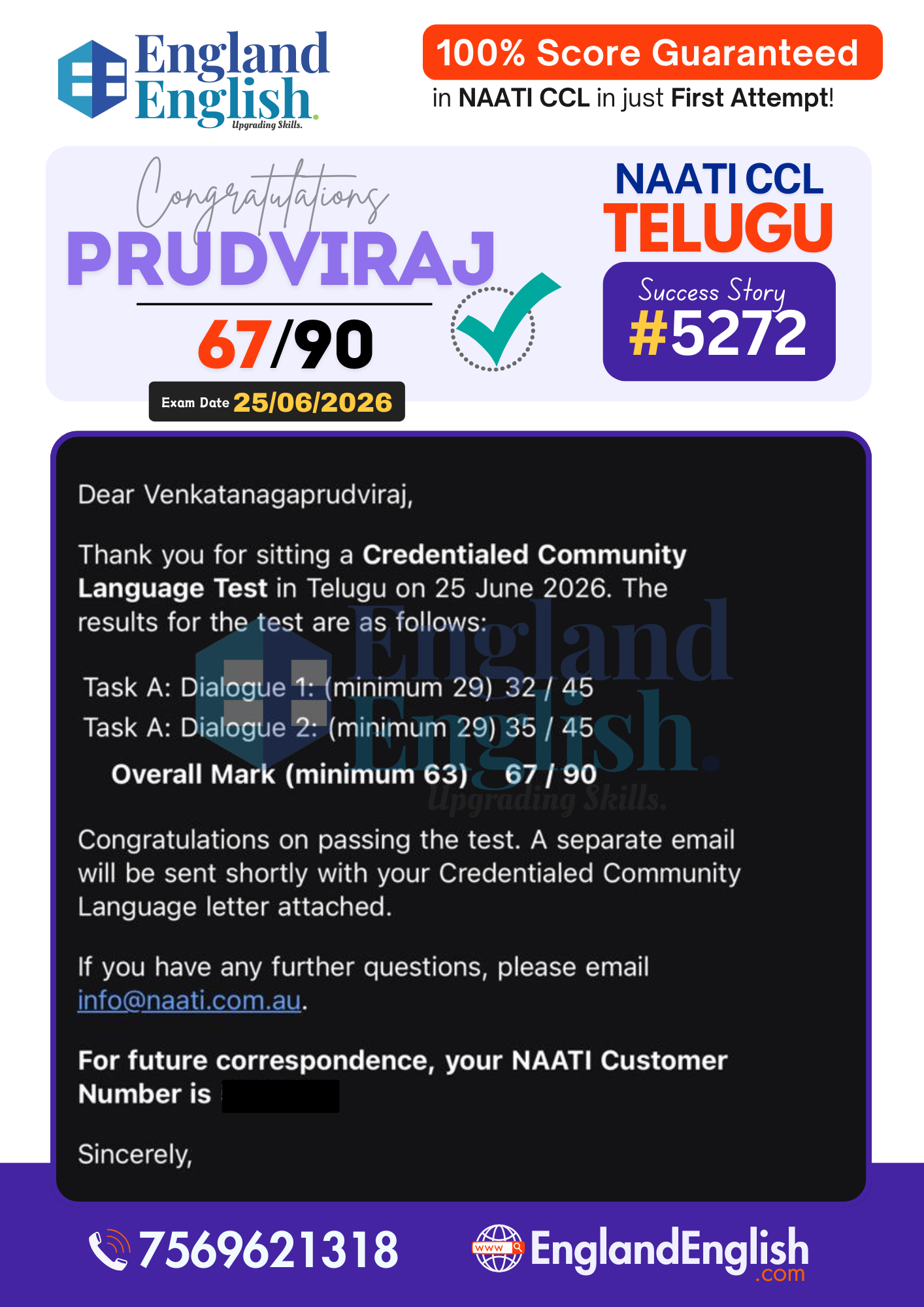 Prudviraj NAATI CCL score report